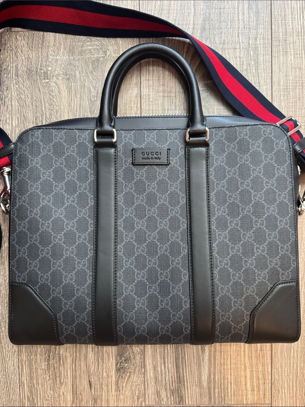 Gucci Men's Black-Gray GG Supreme Laptop Briefcase with Red-Blue Web Strap